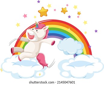 Pink unicorn jumping on a cloud with rainbow  illustration