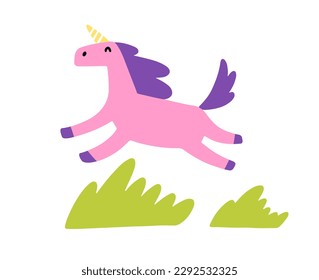 Pink unicorn jumping on the grass isolated on a white background. Vector children's naive hand-drawn illustration