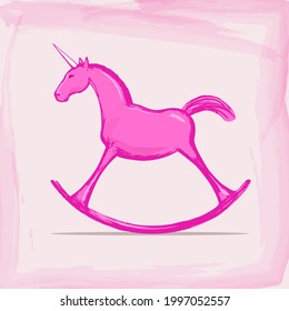 Un unicornio rosado como un caballo mecedor dibujado con una técnica de acuarela	