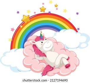 Pink unicorn lying on a cloud with rainbow illustration