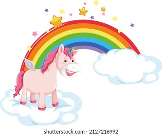 Pink unicorn lying on cloud with rainbow in cartoon style illustration