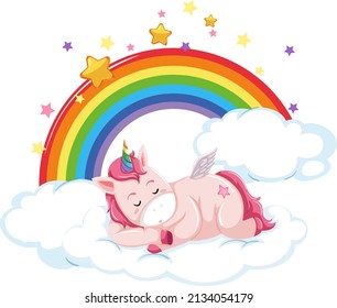 Pink unicorn lying on cloud with rainbow in cartoon style illustration
