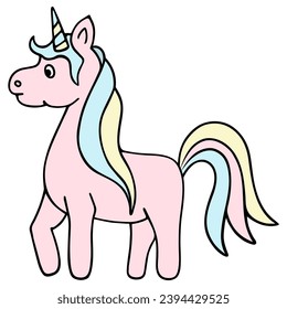 Pink unicorn. Magic horse with a horn on its head. Color vector illustration. Cartoon style. Cute pony with a lush blue-yellow mane and tail. Isolated background. 