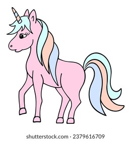 Pink unicorn. A magical horse with a lush multi-colored mane and tail. Color vector illustration. Cartoon style. Pony girl with a horn on her forehead. Isolated background. Idea for web design.