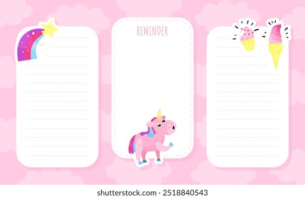 Pink Unicorn Note and Reminder Card Design Vector Template