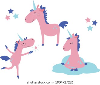 Pink unicorn on the cloud magical blue and violet