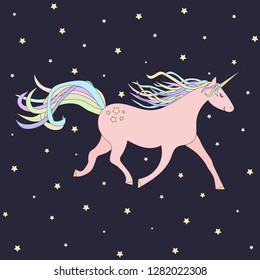 Pink unicorn on a dark background with stars