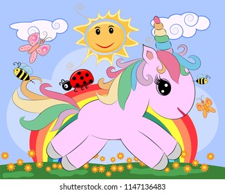 Pink unicorn on a meadow with flowers, rainbow, sun. Child illustration, fairy-tale character, dreamer