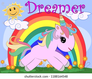 Pink unicorn on a meadow with flowers, rainbow, sun. Child illustration, fairy-tale character, dreamer