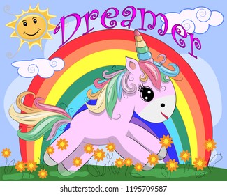 Pink unicorn on a meadow with flowers, rainbow, sun. Child illustration, fairy-tale character, dreamer