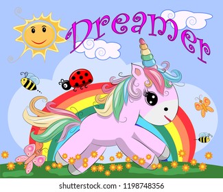 Pink unicorn on a meadow with flowers, rainbow, sun. Child illustration, fairy-tale character, dreamer