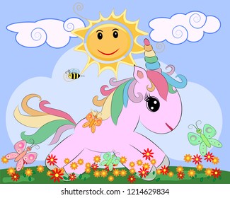 Pink unicorn on a meadow with flowers, rainbow, sun. Child illustration, fairy-tale character, dreamer