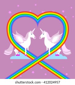 Pink unicorn on purple sky. Heart of rainbow. LGBT characters. Fantastic animal with wings. fabulous beast with horn in his forehead
