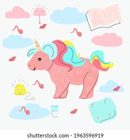Pink unicorn on a white background with clouds and a pillow and a book. Illustration for children.