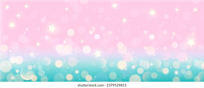 fondo pastel de unicornio rosa con estrella brillante y bokeh. Cielo mágico turquesa kawaii. Resumen de fondo de pantalla de gradiente de hada. Ilustración vectorial.