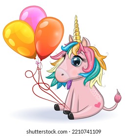 Pink unicorn pony sitting. Cute baby card, baby girl with big eyes.
