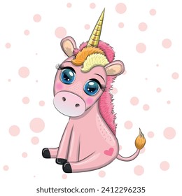 Pink unicorn pony sitting. Cute baby card, baby girl with big eyes.