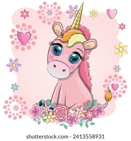 Pink unicorn pony sitting. Cute baby card, baby girl with big eyes.