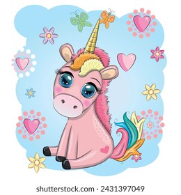 Pink unicorn pony sitting. Cute baby card, baby girl with big eyes.