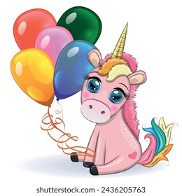 Pink unicorn pony sitting. Cute baby card, baby with big eyes.