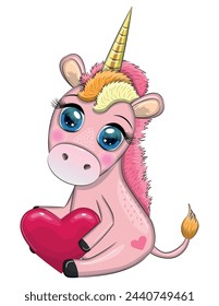 Pink unicorn pony sitting. Cute baby card, baby girl with big eyes.
