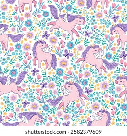 Pink unicorn with purple mane and tail among flowers. Vector seamless pattern with cute unicorns on a white floral background