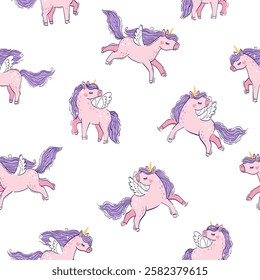 Pink unicorn with purple mane and tail. Vector seamless pattern with cute unicorns on a white floral background