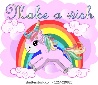 Pink unicorn with a rainbow. Child illustration, fairy-tale character, dreamer. Inscription Make a wish