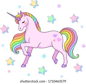 Pink unicorn with rainbow mane and stars. Vector illustration isolated on white