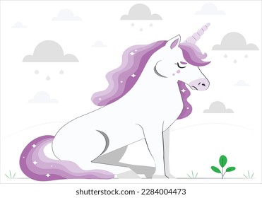 Pink unicorn with rainbow mane and stars. Vector illustration isolated on white. Beautiful illustration of cute little smiling unicorn with mane rainbow colors .Hand drawn picture for your design.