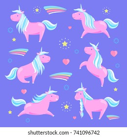 Pink unicorn and rainbow surrounded by shiny stars and lovely hearts. Vector illustration with smiling fairy creature on blue background