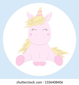 Pink unicorn in round white frame on a blue background. Vector illustration