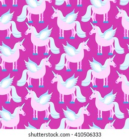 Pink Unicorn seamless pattern. Fantastic animal on purple background. Fabulous Beast texture. Mythical creature with horn ornament
