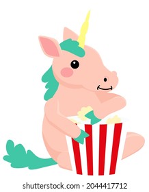 Pink unicorn sitting and eating popcorn from striped bucket. Vector cute illustration isolated on white.