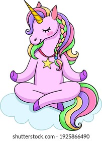 Pink unicorn sitting on a cloud in lotus position. Meditation in yoga pose. Vector illustration isolated