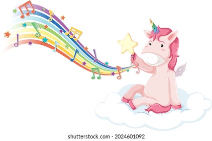 Pink unicorn sitting on the cloud with melody symbols on rainbow illustration