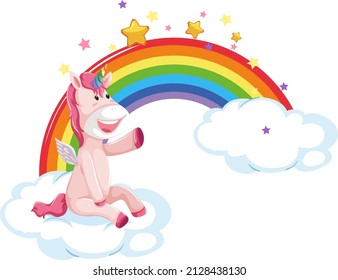 Pink unicorn sitting on a cloud with rainbow  illustration