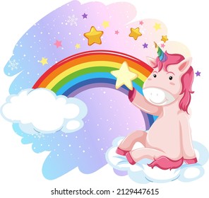 Pink unicorn sitting on a cloud with rainbow  illustration