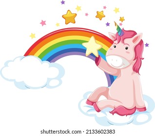 Pink unicorn sitting on a cloud with rainbow illustration