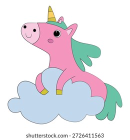 Pink unicorn sitting on a light blue cloud