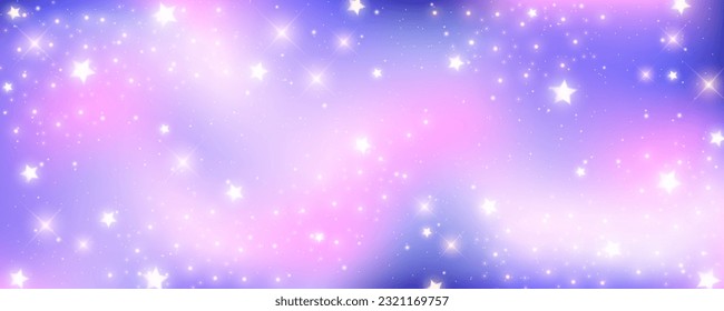 Pink unicorn sky with stars. Cute purple pastel background. Fantasy dreaming galaxy and magic wavy space with fairy light. Vector illustration.