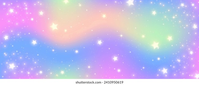 Pink unicorn sky with stars. Cute purple pastel background. Fantasy dreaming galaxy and magic wavy space with fairy light. Vector illustration.