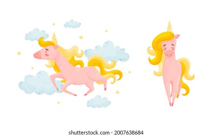 Pink Unicorn with Slender Legs and Golden Mane Vector Set