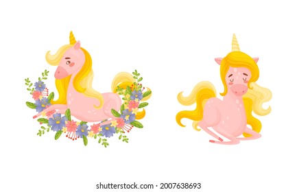 Pink Unicorn with Slender Legs and Golden Mane Vector Set