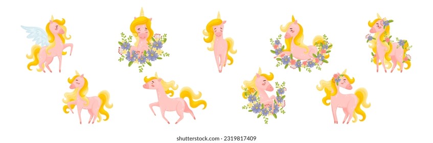 Pink Unicorn with Slender Legs and Golden Mane Vector Set