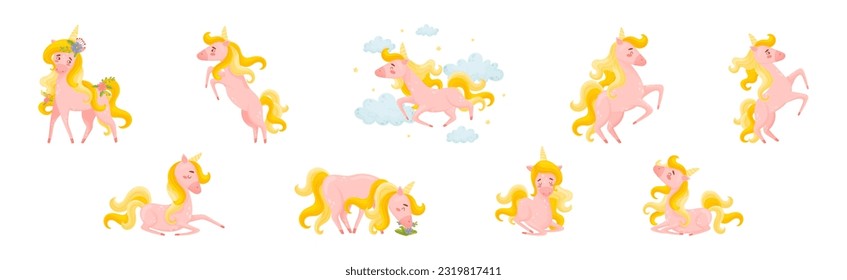 Pink Unicorn with Slender Legs and Golden Mane Vector Set