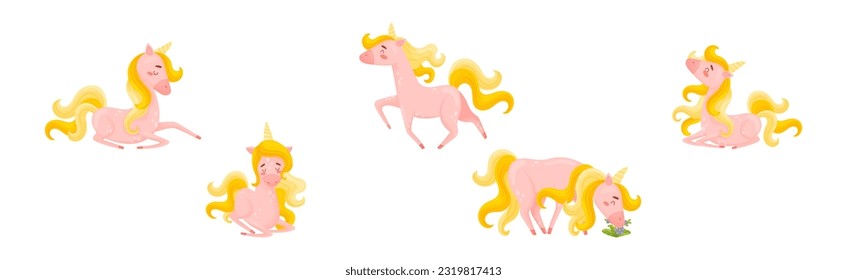 Pink Unicorn with Slender Legs and Golden Mane Vector Set