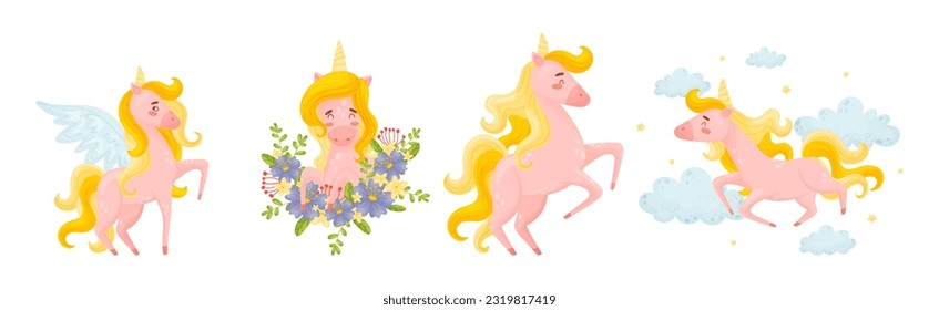 Pink Unicorn with Slender Legs and Golden Mane Vector Set