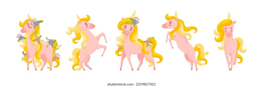 Pink Unicorn with Slender Legs and Golden Mane Vector Set