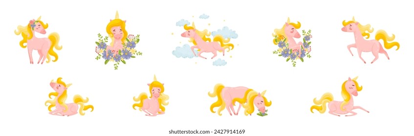 Pink Unicorn with Slender Legs and Golden Mane Vector Set